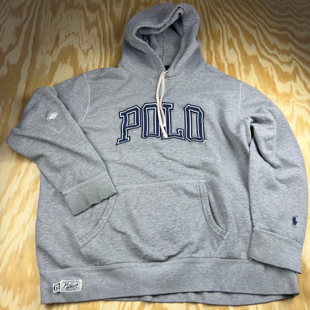 Polo Ralph Lauren Mens Gray Spellout Pullover Hoodie Sweatshirt XL Distressed